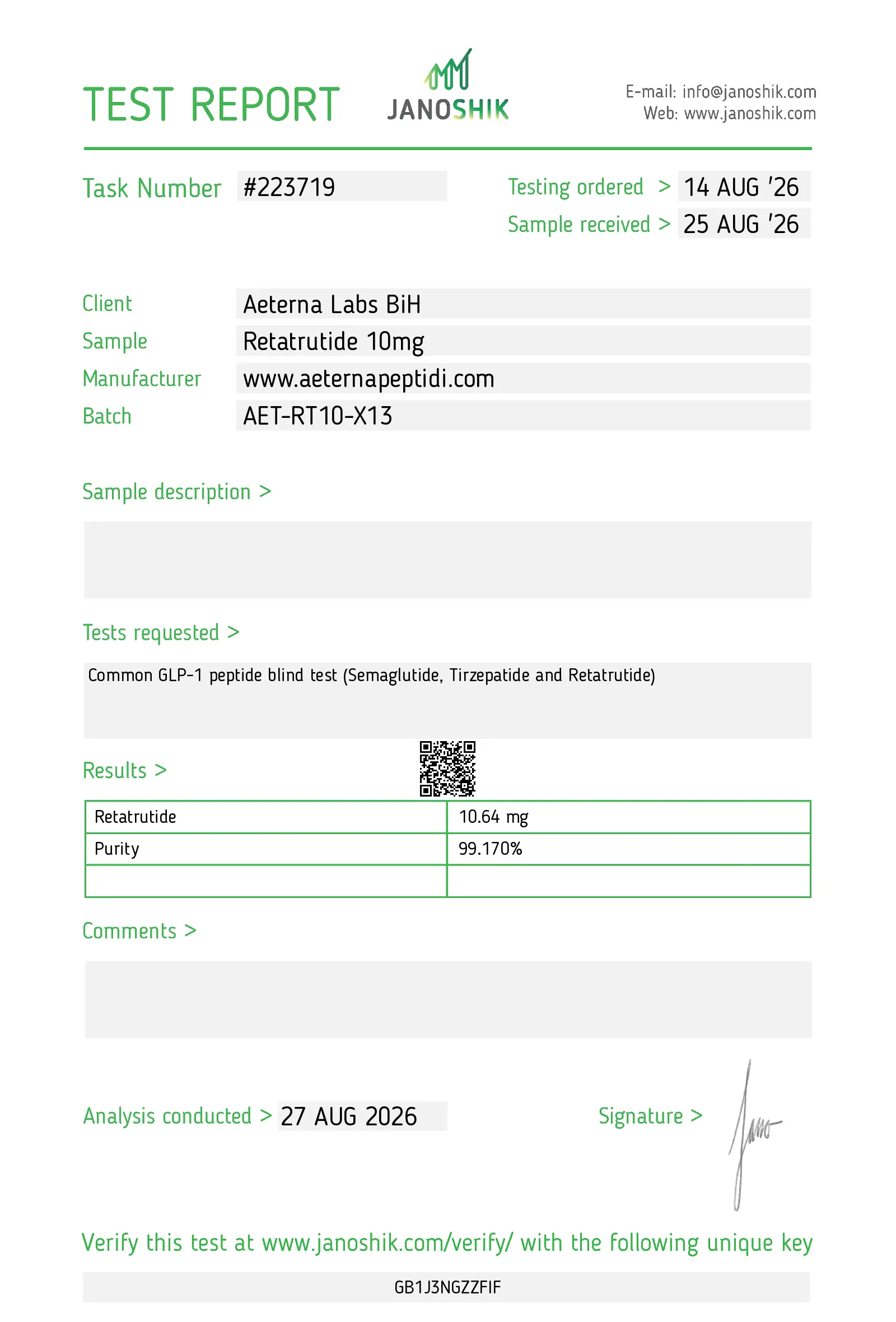 Janoshik laboratorijski nalaz broj 223719 za Aeterna Labs BiH